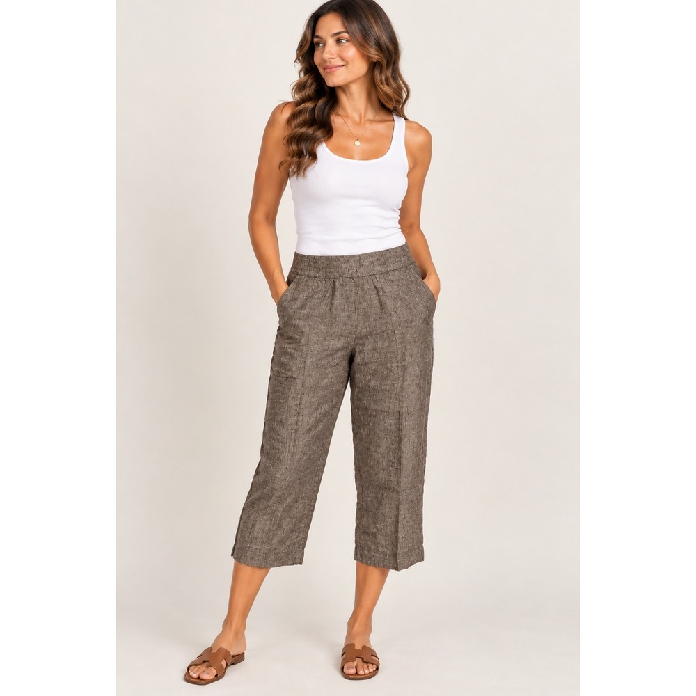 Pure Jill Linen Crop Pants Womens L Brown Wide Leg Elastic Waist Pockets Casual